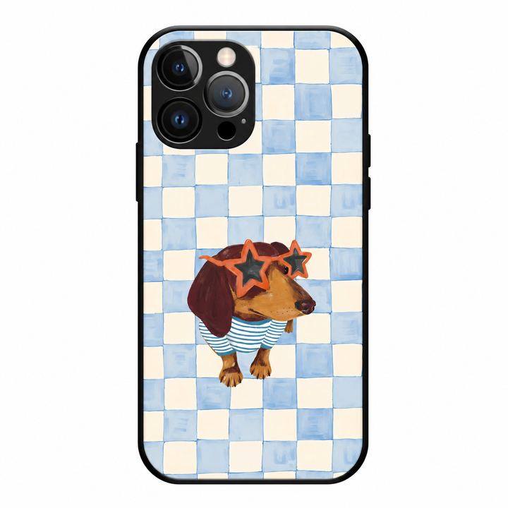 Star Sunglasses Dachshund Blue Checkered Phone Case
